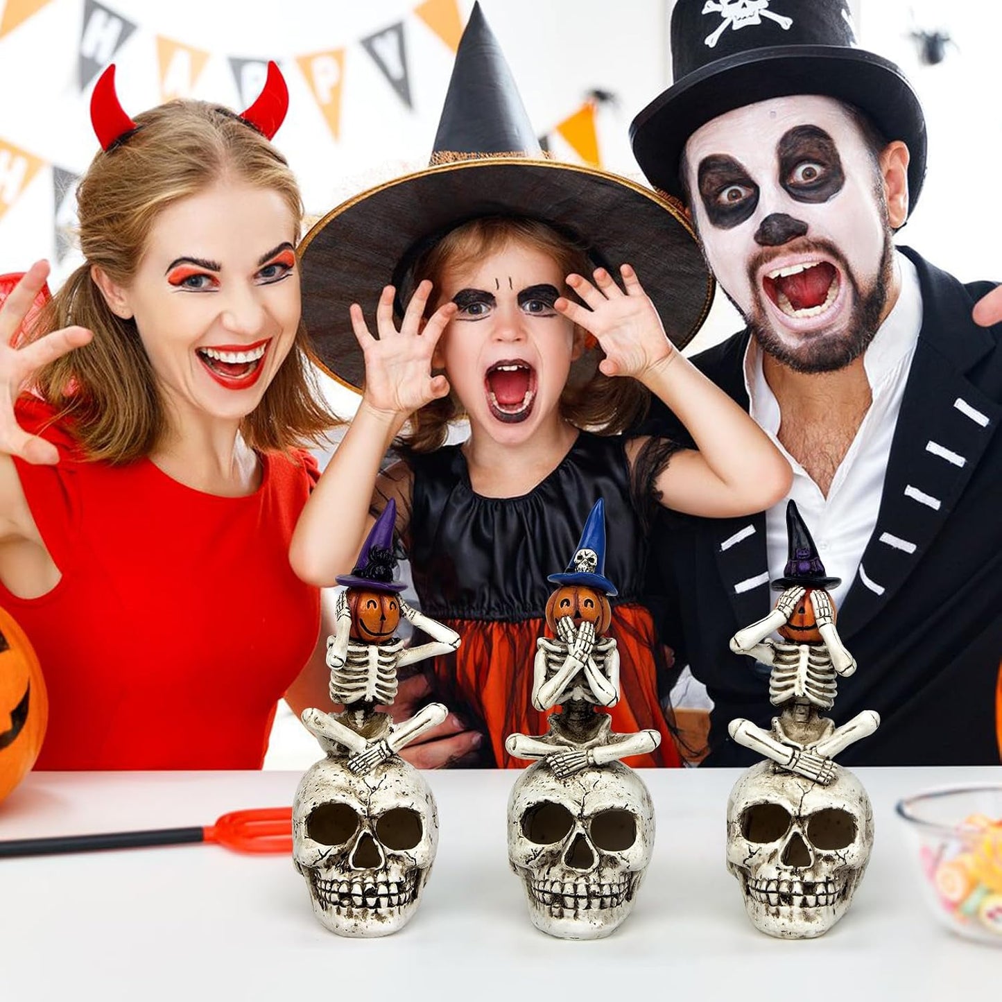 Halloween Skeleton Statue Set of 3, See Speak Hear No Evil Figurines | Witch Hat Pumpkin Skeleton Figurines with Skull Base Gothic Decoration for Tabletop, Home, Party