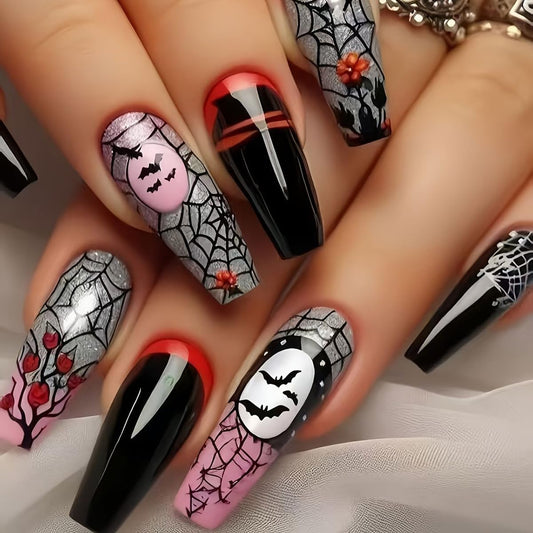 24 Pcs Halloween Press on Nails Short Square Gray Pink Fake Nails Black False Nails Press Ons Spider Web Bat Rose Flowers Design Coffin Nail Tips Full Cover Acrylic Nail Kit for Women Manicure