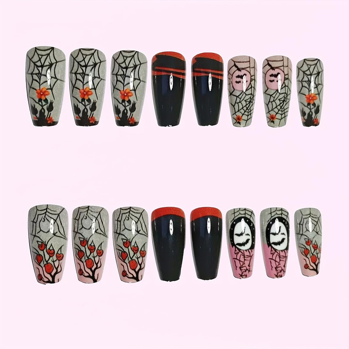 24 Pcs Halloween Press on Nails Short Square Gray Pink Fake Nails Black False Nails Press Ons Spider Web Bat Rose Flowers Design Coffin Nail Tips Full Cover Acrylic Nail Kit for Women Manicure