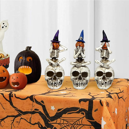 Halloween Skeleton Statue Set of 3, See Speak Hear No Evil Figurines | Witch Hat Pumpkin Skeleton Figurines with Skull Base Gothic Decoration for Tabletop, Home, Party
