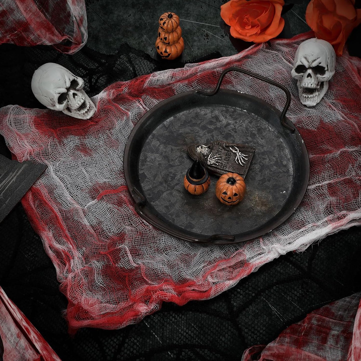 7 Pcs Halloween Bloody Gauze Tablecloth and Placemats Set 85" X 60" Horror Spooky Rectangle Table Cover and 6 Pcs Scary Table Mats for Halloween Haunted Zombie House Party Decoration