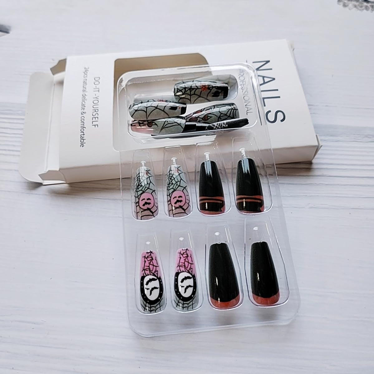 24 Pcs Halloween Press on Nails Short Square Gray Pink Fake Nails Black False Nails Press Ons Spider Web Bat Rose Flowers Design Coffin Nail Tips Full Cover Acrylic Nail Kit for Women Manicure