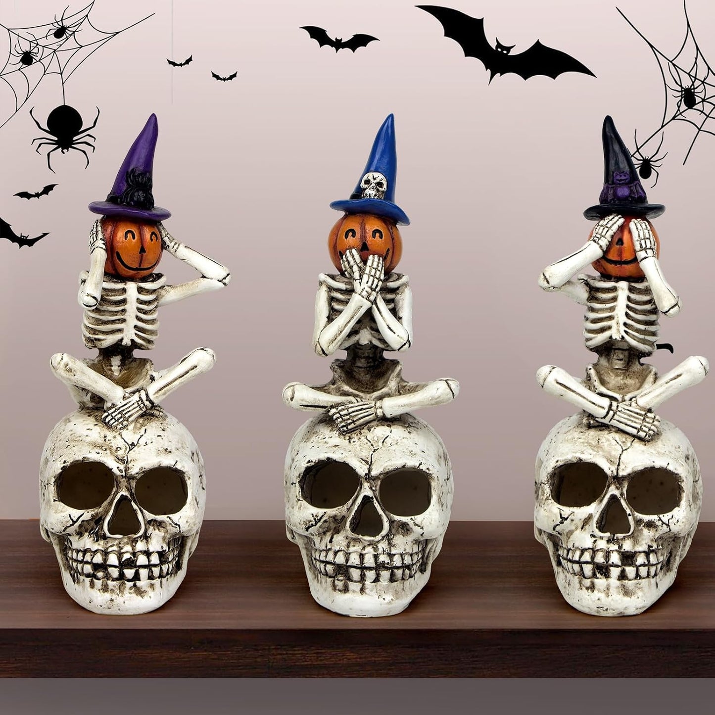 Halloween Skeleton Statue Set of 3, See Speak Hear No Evil Figurines | Witch Hat Pumpkin Skeleton Figurines with Skull Base Gothic Decoration for Tabletop, Home, Party