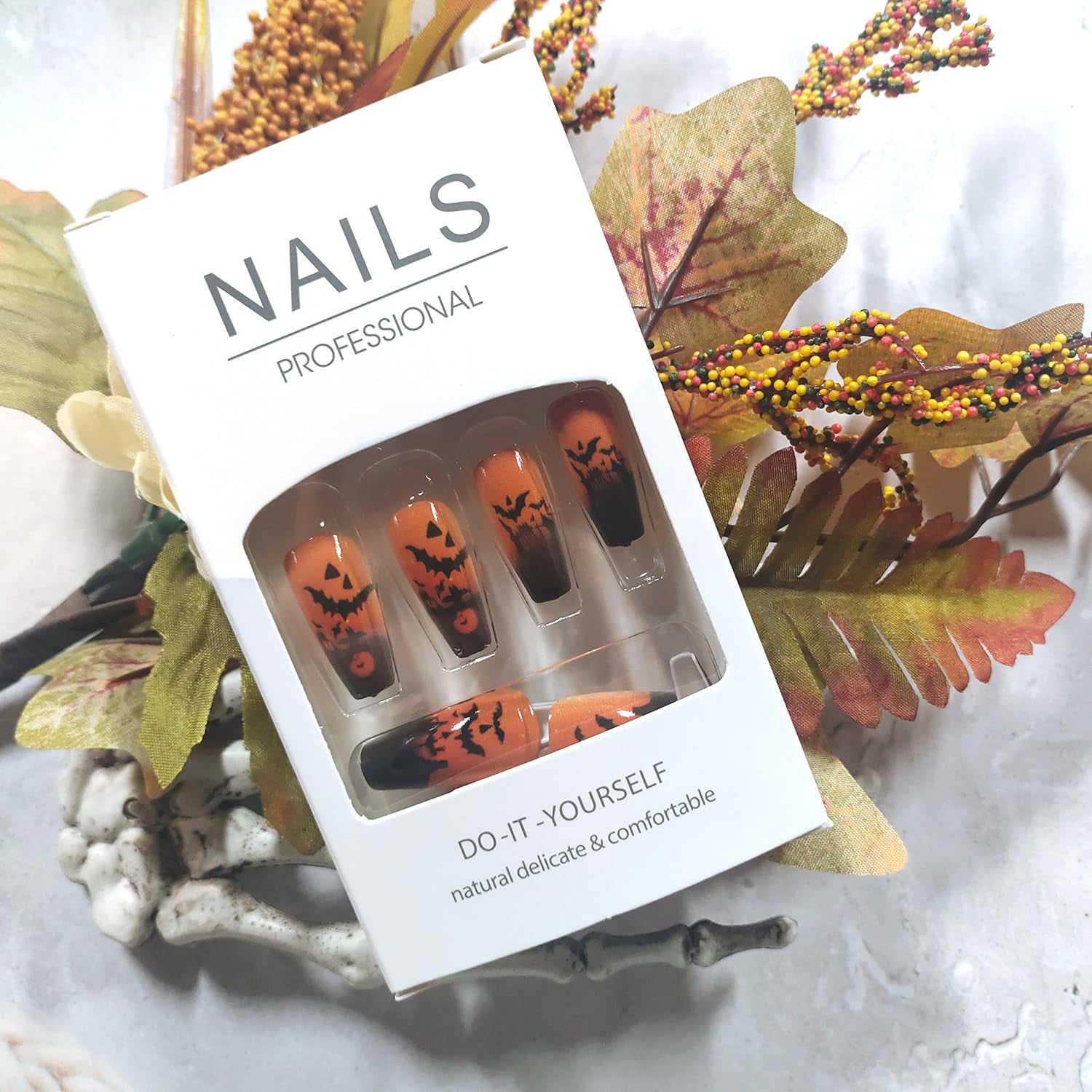 Halloween Press on Nails Medium Ballet Shaped Artificial Acrylic Nail Bat Pattern Design Halloween Orange False Nails Full Cover Coffin Glue on Nails for Women Festival Manicure 24Pcs
