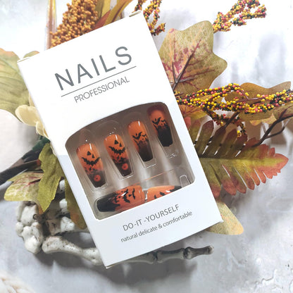 Halloween Press on Nails Medium Ballet Shaped Artificial Acrylic Nail Bat Pattern Design Halloween Orange False Nails Full Cover Coffin Glue on Nails for Women Festival Manicure 24Pcs