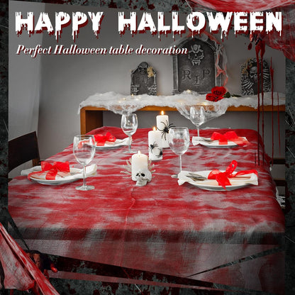 7 Pcs Halloween Bloody Gauze Tablecloth and Placemats Set 85" X 60" Horror Spooky Rectangle Table Cover and 6 Pcs Scary Table Mats for Halloween Haunted Zombie House Party Decoration