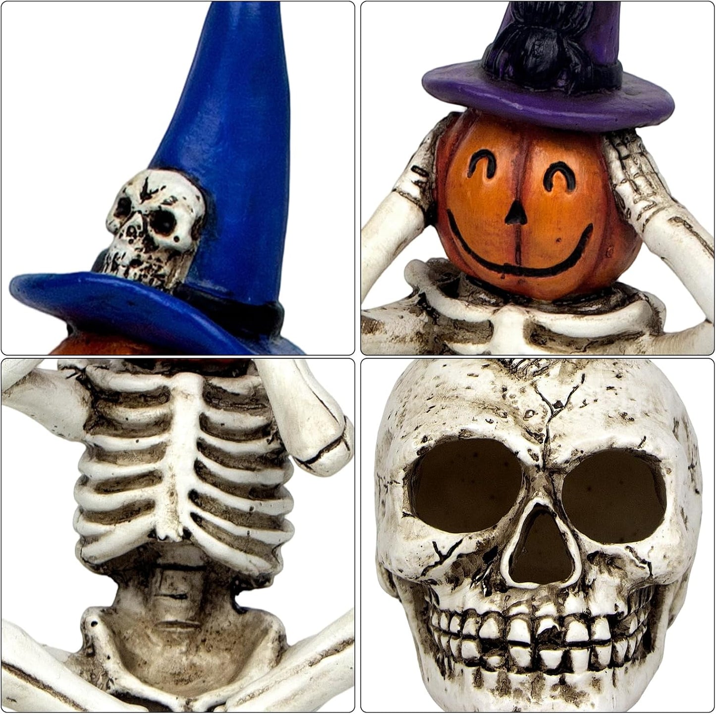 Halloween Skeleton Statue Set of 3, See Speak Hear No Evil Figurines | Witch Hat Pumpkin Skeleton Figurines with Skull Base Gothic Decoration for Tabletop, Home, Party