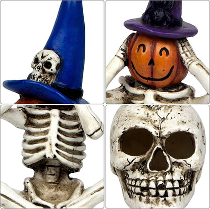 Halloween Skeleton Statue Set of 3, See Speak Hear No Evil Figurines | Witch Hat Pumpkin Skeleton Figurines with Skull Base Gothic Decoration for Tabletop, Home, Party