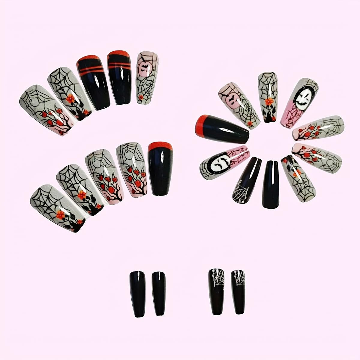 24 Pcs Halloween Press on Nails Short Square Gray Pink Fake Nails Black False Nails Press Ons Spider Web Bat Rose Flowers Design Coffin Nail Tips Full Cover Acrylic Nail Kit for Women Manicure