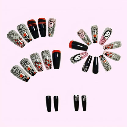 24 Pcs Halloween Press on Nails Short Square Gray Pink Fake Nails Black False Nails Press Ons Spider Web Bat Rose Flowers Design Coffin Nail Tips Full Cover Acrylic Nail Kit for Women Manicure