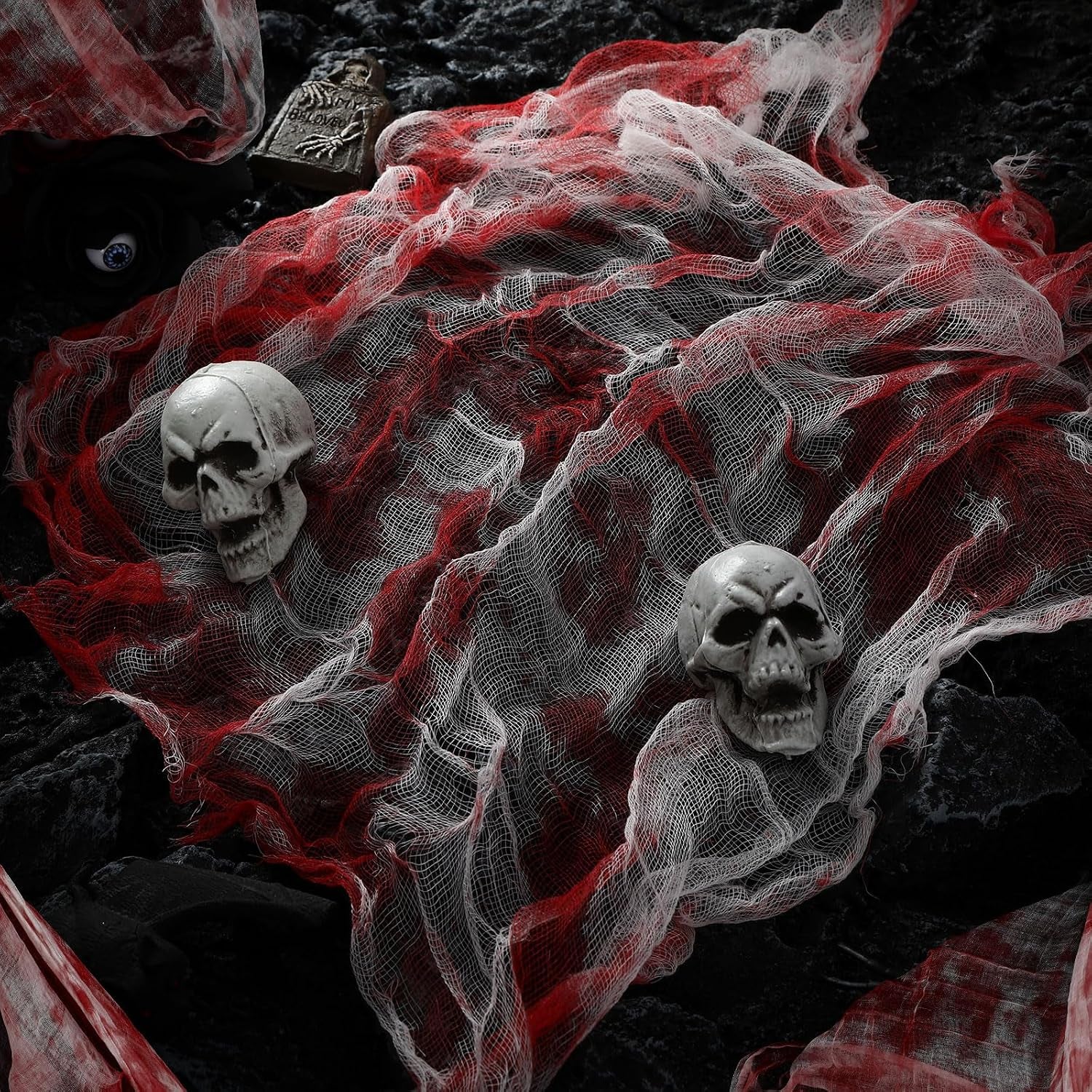 7 Pcs Halloween Bloody Gauze Tablecloth and Placemats Set 85" X 60" Horror Spooky Rectangle Table Cover and 6 Pcs Scary Table Mats for Halloween Haunted Zombie House Party Decoration