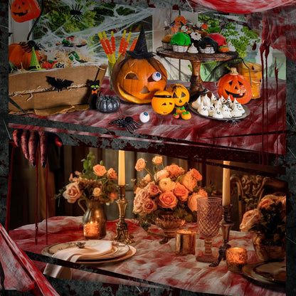 7 Pcs Halloween Bloody Gauze Tablecloth and Placemats Set 85" X 60" Horror Spooky Rectangle Table Cover and 6 Pcs Scary Table Mats for Halloween Haunted Zombie House Party Decoration
