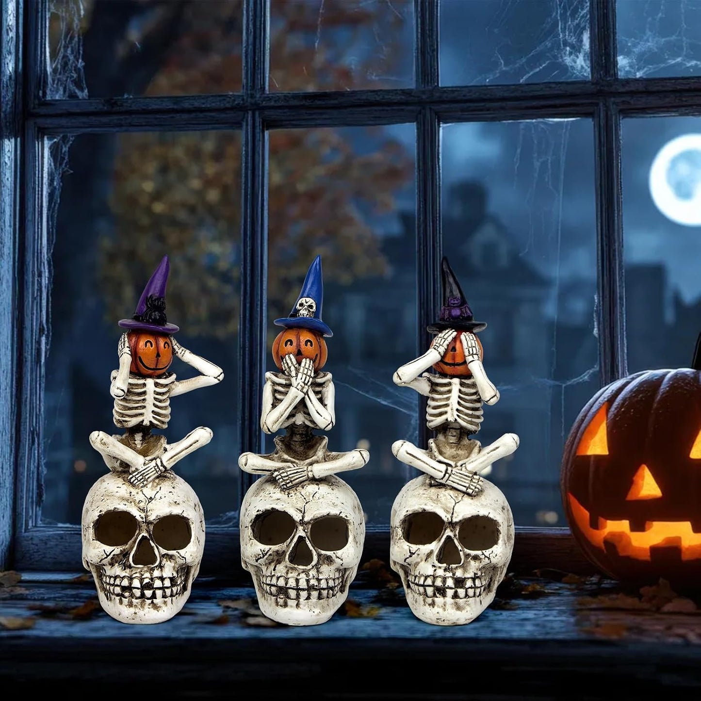Halloween Skeleton Statue Set of 3, See Speak Hear No Evil Figurines | Witch Hat Pumpkin Skeleton Figurines with Skull Base Gothic Decoration for Tabletop, Home, Party