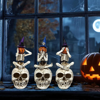 Halloween Skeleton Statue Set of 3, See Speak Hear No Evil Figurines | Witch Hat Pumpkin Skeleton Figurines with Skull Base Gothic Decoration for Tabletop, Home, Party