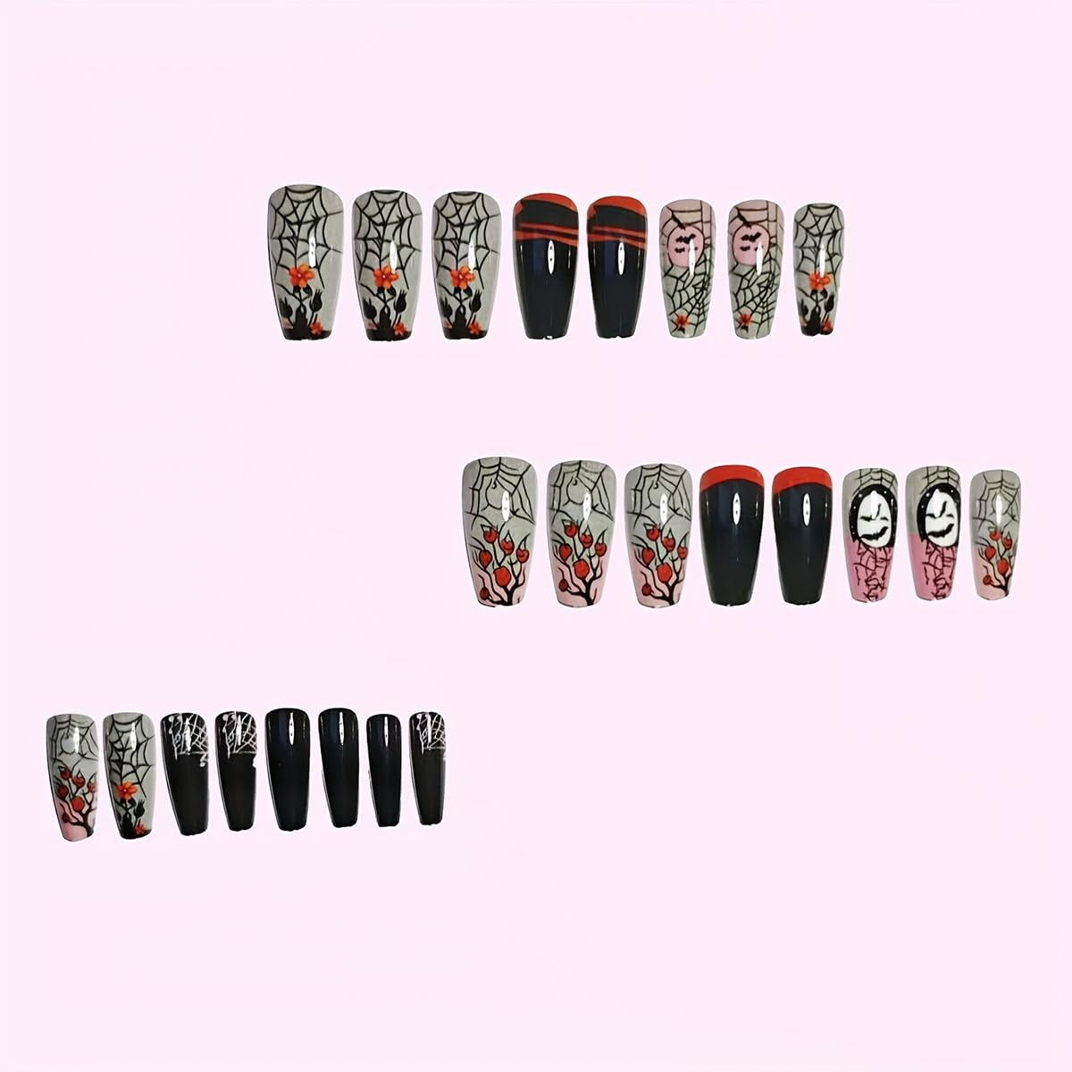 24 Pcs Halloween Press on Nails Short Square Gray Pink Fake Nails Black False Nails Press Ons Spider Web Bat Rose Flowers Design Coffin Nail Tips Full Cover Acrylic Nail Kit for Women Manicure