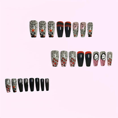 24 Pcs Halloween Press on Nails Short Square Gray Pink Fake Nails Black False Nails Press Ons Spider Web Bat Rose Flowers Design Coffin Nail Tips Full Cover Acrylic Nail Kit for Women Manicure
