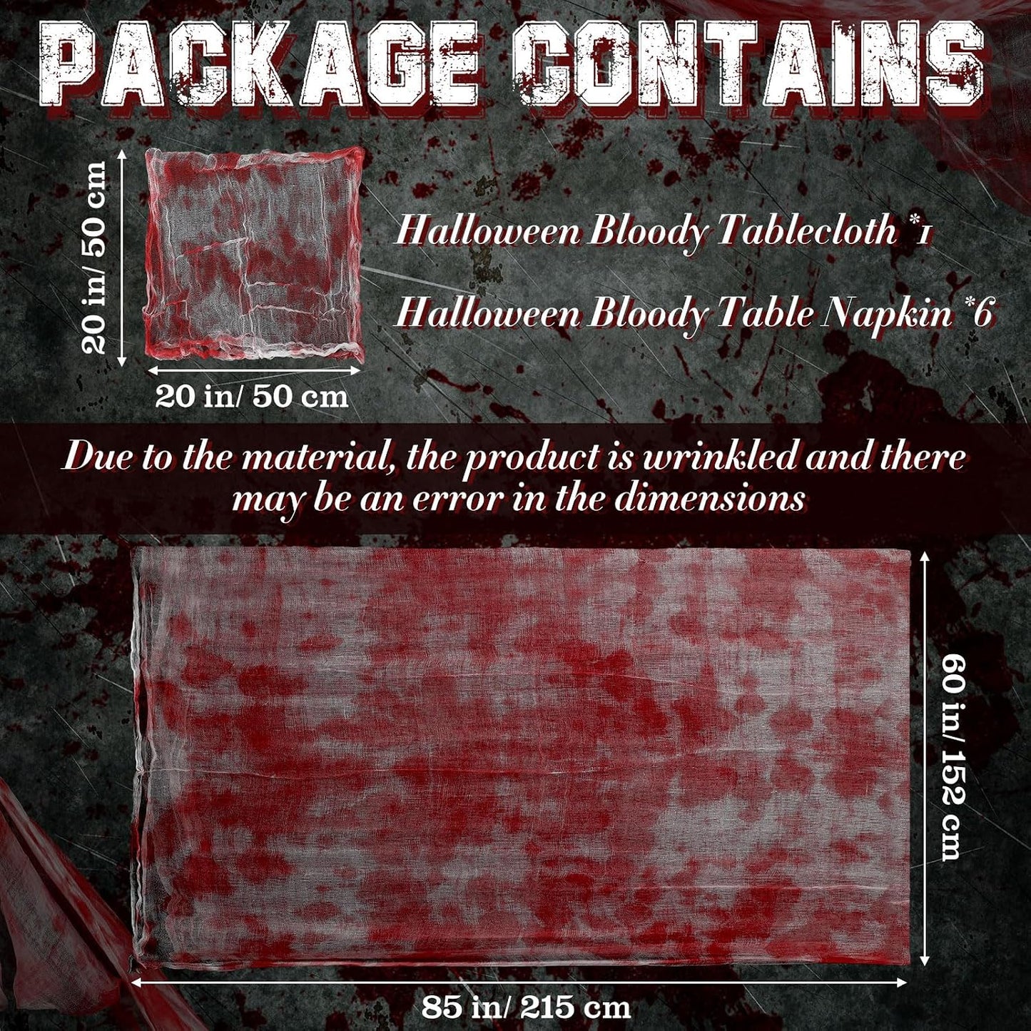 7 Pcs Halloween Bloody Gauze Tablecloth and Placemats Set 85" X 60" Horror Spooky Rectangle Table Cover and 6 Pcs Scary Table Mats for Halloween Haunted Zombie House Party Decoration