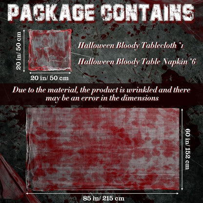 7 Pcs Halloween Bloody Gauze Tablecloth and Placemats Set 85" X 60" Horror Spooky Rectangle Table Cover and 6 Pcs Scary Table Mats for Halloween Haunted Zombie House Party Decoration