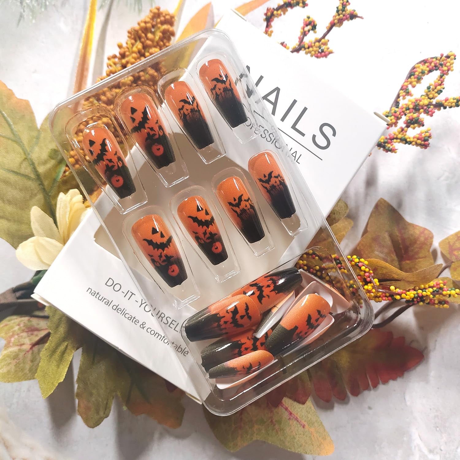 Halloween Press on Nails Medium Ballet Shaped Artificial Acrylic Nail Bat Pattern Design Halloween Orange False Nails Full Cover Coffin Glue on Nails for Women Festival Manicure 24Pcs