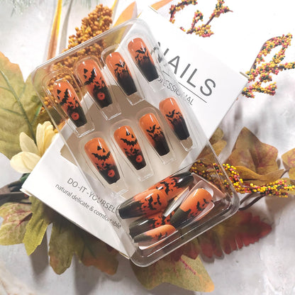 Halloween Press on Nails Medium Ballet Shaped Artificial Acrylic Nail Bat Pattern Design Halloween Orange False Nails Full Cover Coffin Glue on Nails for Women Festival Manicure 24Pcs