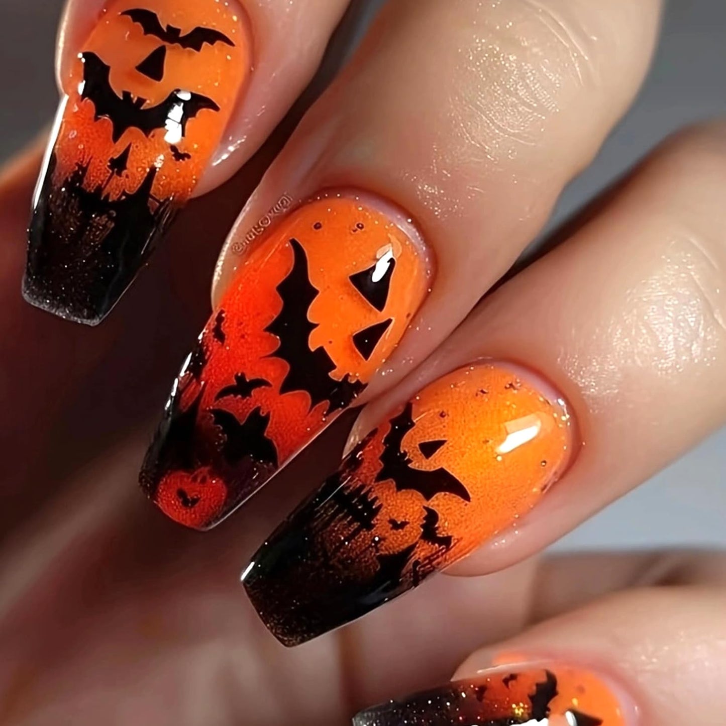 Halloween Press on Nails Medium Ballet Shaped Artificial Acrylic Nail Bat Pattern Design Halloween Orange False Nails Full Cover Coffin Glue on Nails for Women Festival Manicure 24Pcs