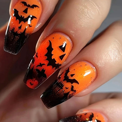 Halloween Press on Nails Medium Ballet Shaped Artificial Acrylic Nail Bat Pattern Design Halloween Orange False Nails Full Cover Coffin Glue on Nails for Women Festival Manicure 24Pcs