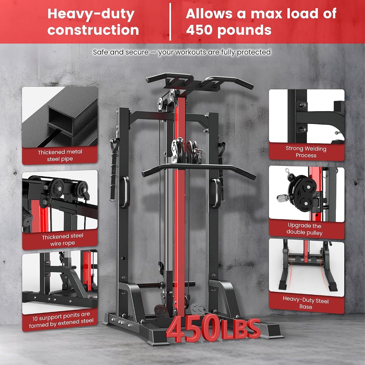 Pull up Bar Power Tower Dip Station with Cable Machine, 450LB Home Gym | Pull up Bar, Dip Station and 16-Position Cable System for Pull Ups, Dips, Lat Pulldowns, Rows and Full-Body Training