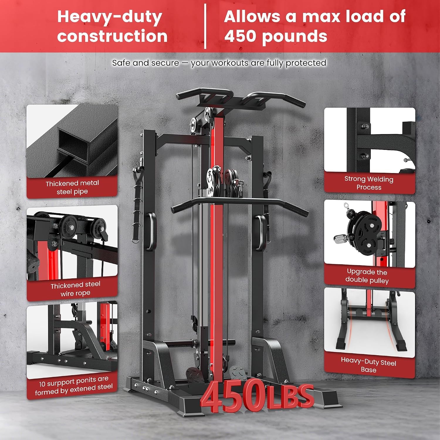 Pull up Bar Power Tower Dip Station with Cable Machine, 450LB Home Gym | Pull up Bar, Dip Station and 16-Position Cable System for Pull Ups, Dips, Lat Pulldowns, Rows and Full-Body Training