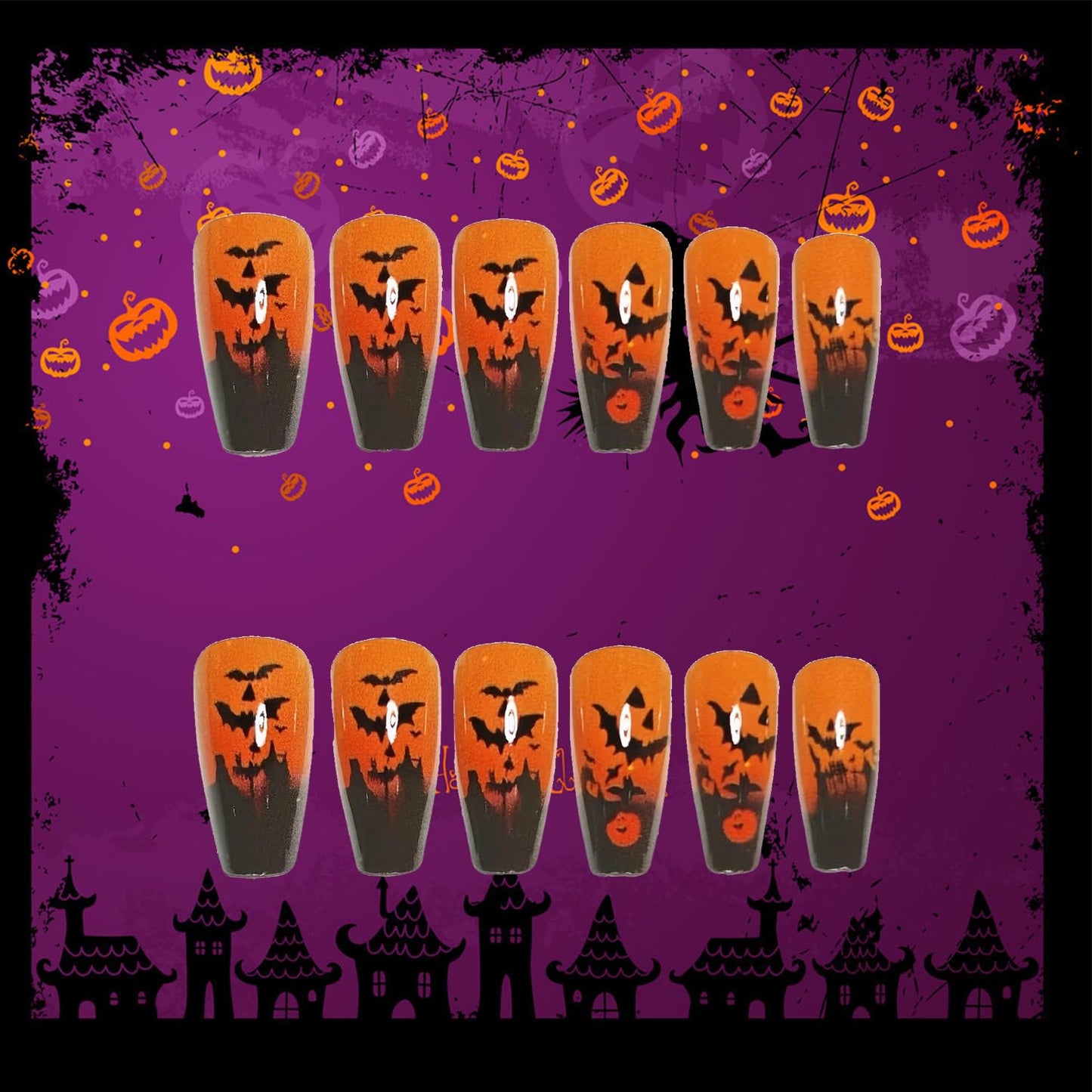 Halloween Press on Nails Medium Ballet Shaped Artificial Acrylic Nail Bat Pattern Design Halloween Orange False Nails Full Cover Coffin Glue on Nails for Women Festival Manicure 24Pcs
