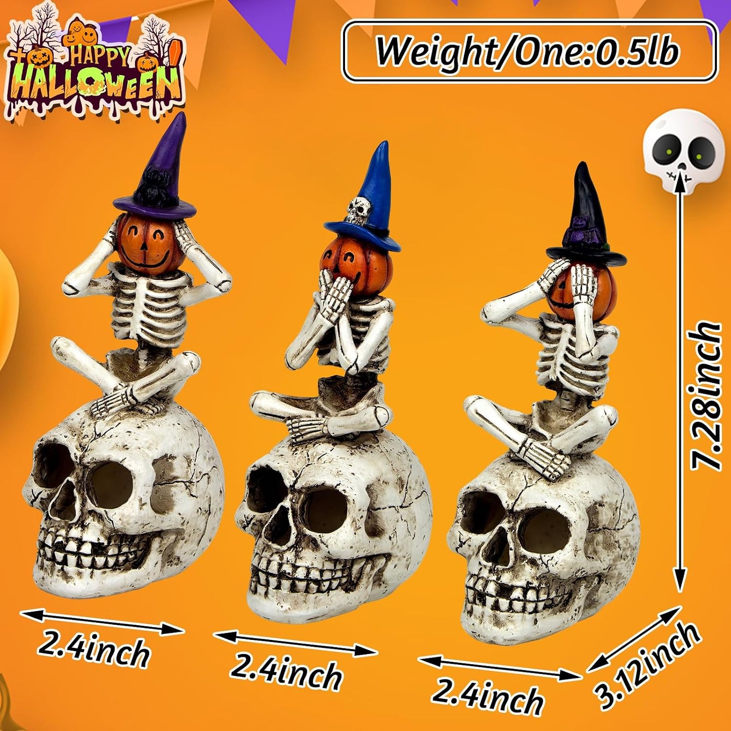 Halloween Skeleton Statue Set of 3, See Speak Hear No Evil Figurines | Witch Hat Pumpkin Skeleton Figurines with Skull Base Gothic Decoration for Tabletop, Home, Party