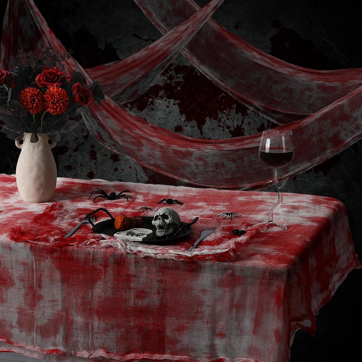 7 Pcs Halloween Bloody Gauze Tablecloth and Placemats Set 85" X 60" Horror Spooky Rectangle Table Cover and 6 Pcs Scary Table Mats for Halloween Haunted Zombie House Party Decoration