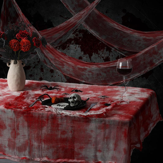 7 Pcs Halloween Bloody Gauze Tablecloth and Placemats Set 85" X 60" Horror Spooky Rectangle Table Cover and 6 Pcs Scary Table Mats for Halloween Haunted Zombie House Party Decoration