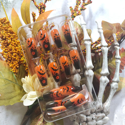 Halloween Press on Nails Medium Ballet Shaped Artificial Acrylic Nail Bat Pattern Design Halloween Orange False Nails Full Cover Coffin Glue on Nails for Women Festival Manicure 24Pcs